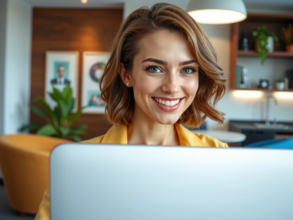 Mujer sonriendo y usando un portátil, simbolizando el contacto y la comunicación.