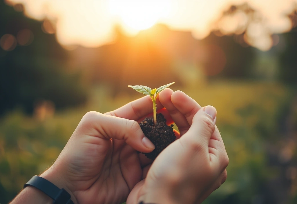 Manos sosteniendo plantas jóvenes con el sol de fondo
