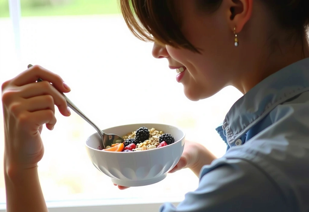 Persona disfrutando de un desayuno energético con avena, frutas y frutos secos.