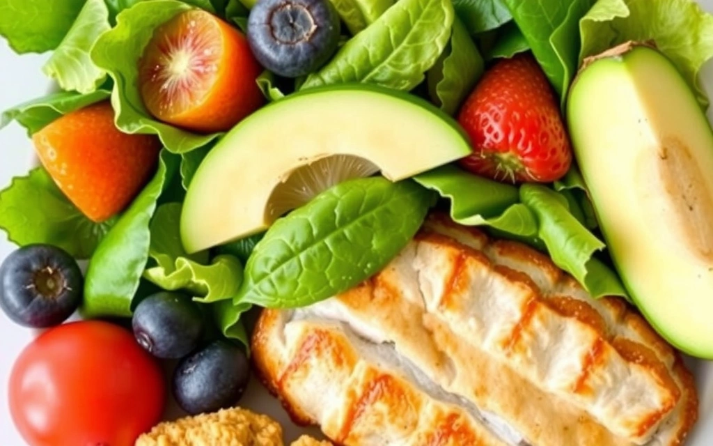 Plato colorido y saludable con verduras frescas, frutas y proteínas magras.