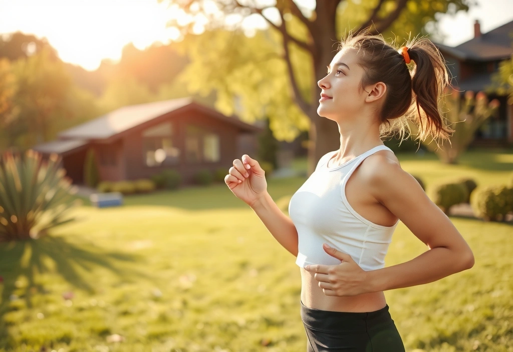 Una persona haciendo ejercicio al aire libre, con el sol brillando, representando la importancia de la Vitamina D y la actividad física.